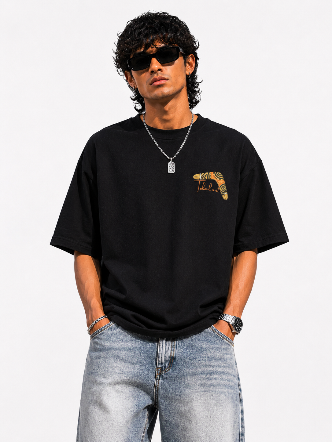 Tribal Arc Tee with geometric black patterns representing ancient artistry