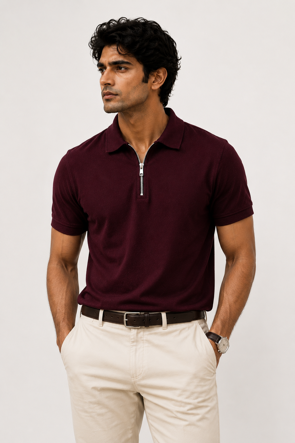 Monarch Burgundy Zip Polo in deep maroon with premium zip detailing