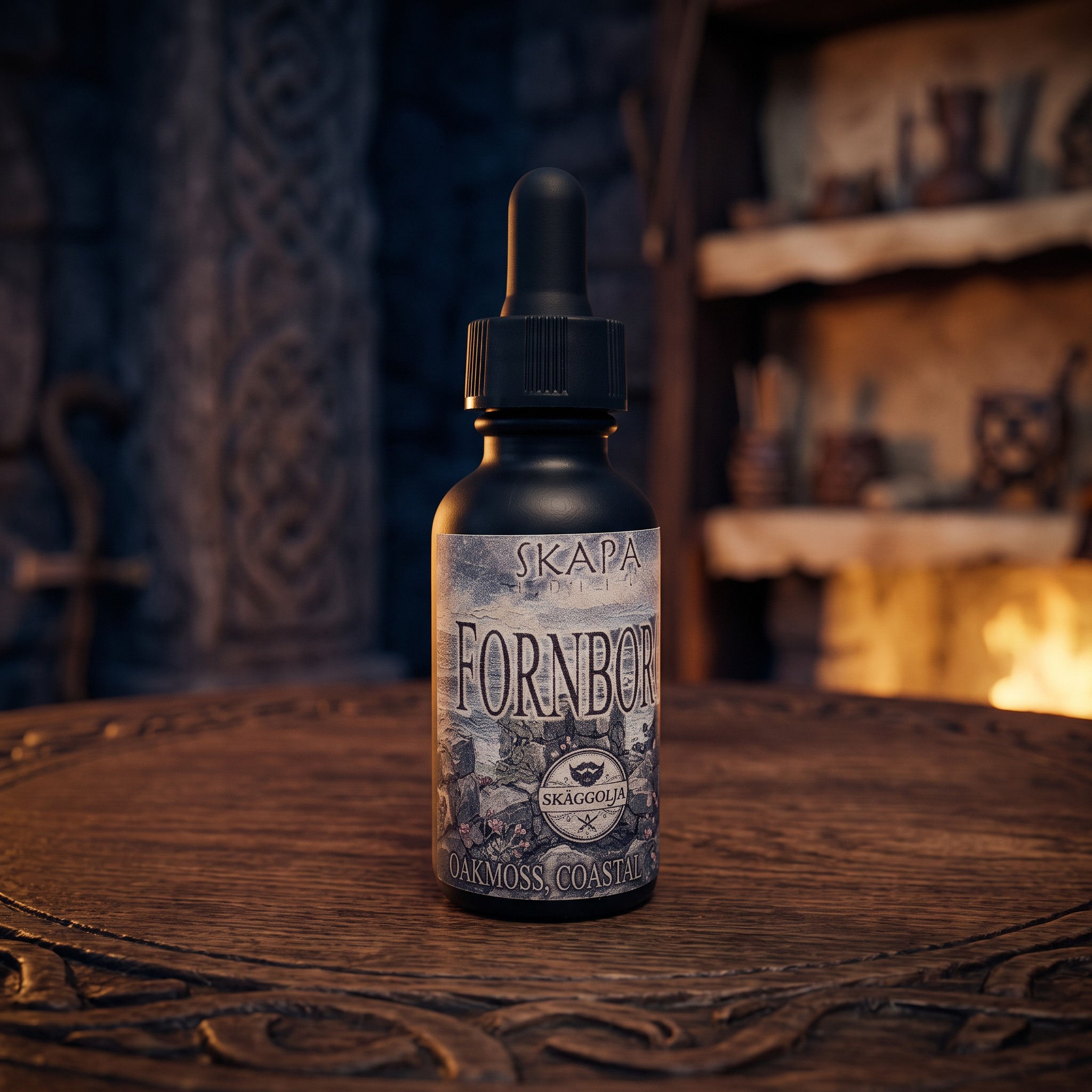 Fornborg ancient hillfort beard oil bottle on weathered coastal cliff stone