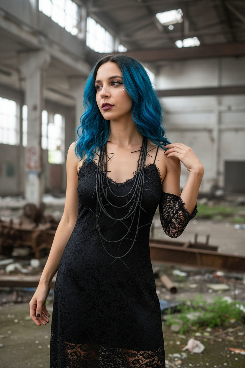 Woman in black dress wearing layered black web necklace in industrial setting.