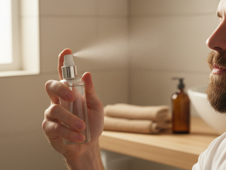 Man misting LIVSVATTEN peptide beard prep spray directly onto facial hair and skin before applying beard oil
