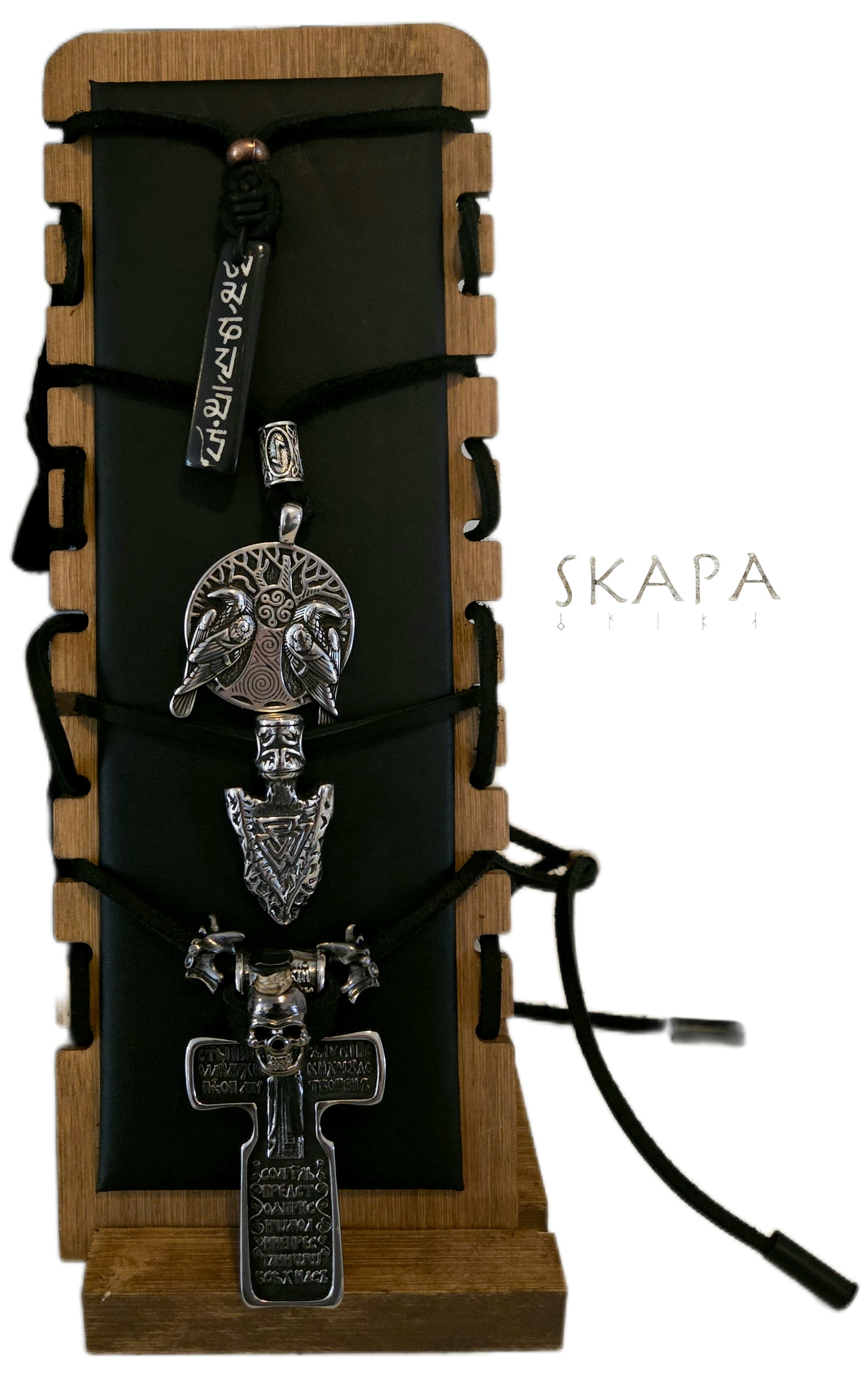 Nordic and symbolic cord necklace set — handcrafted Norse-inspired pendants on dark cord by Skapa