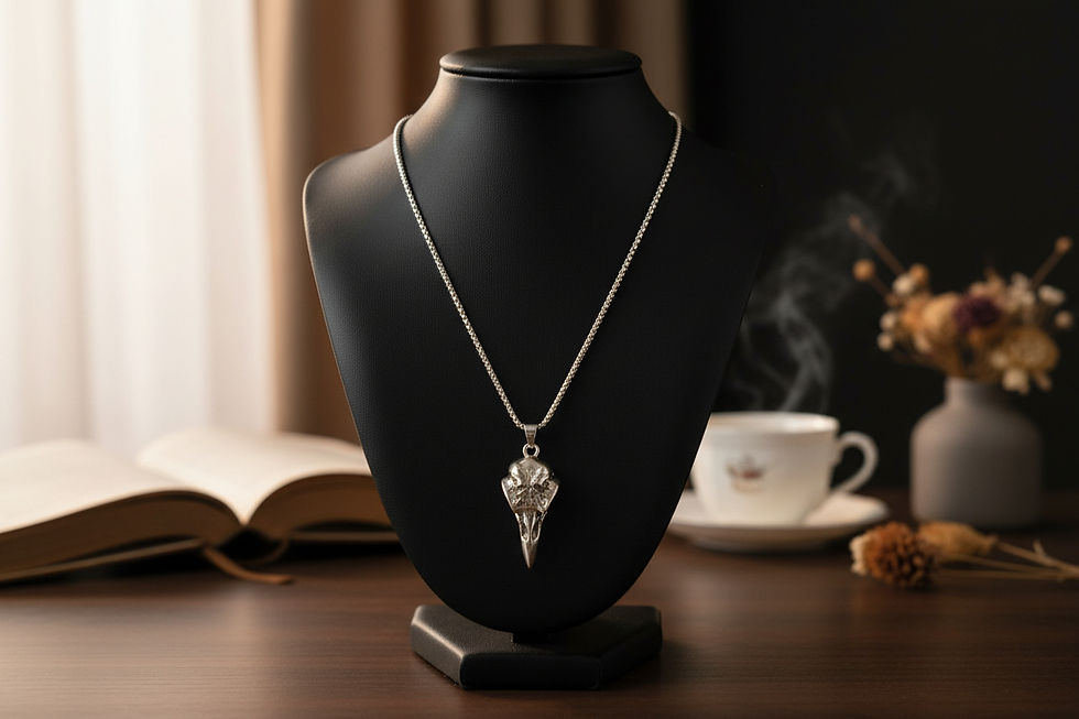 Long silver‑tone necklace with raven skull pendant engraved with Viking compass symbol.