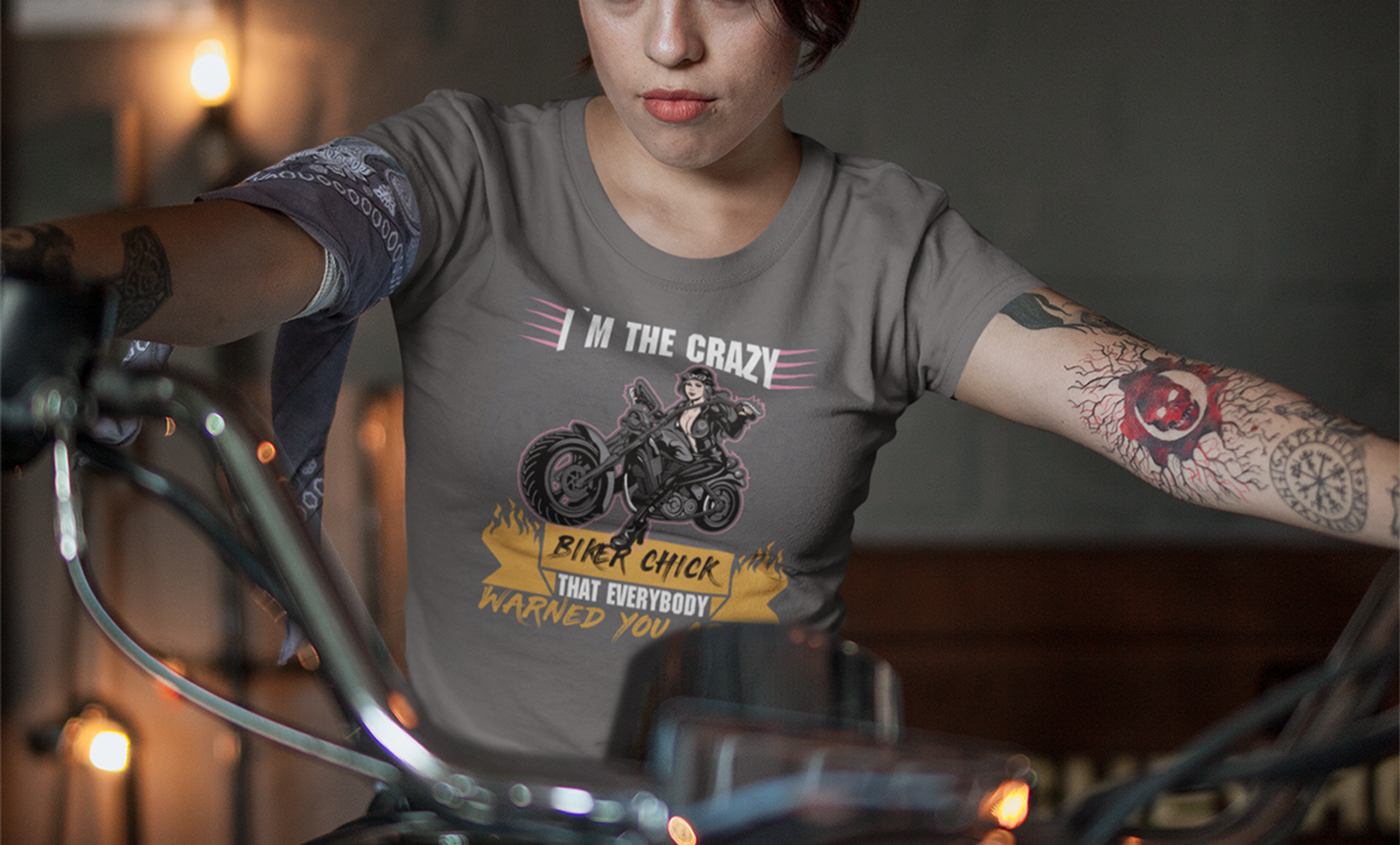 Charcoal Tshirt with crazy biker babe graphic design