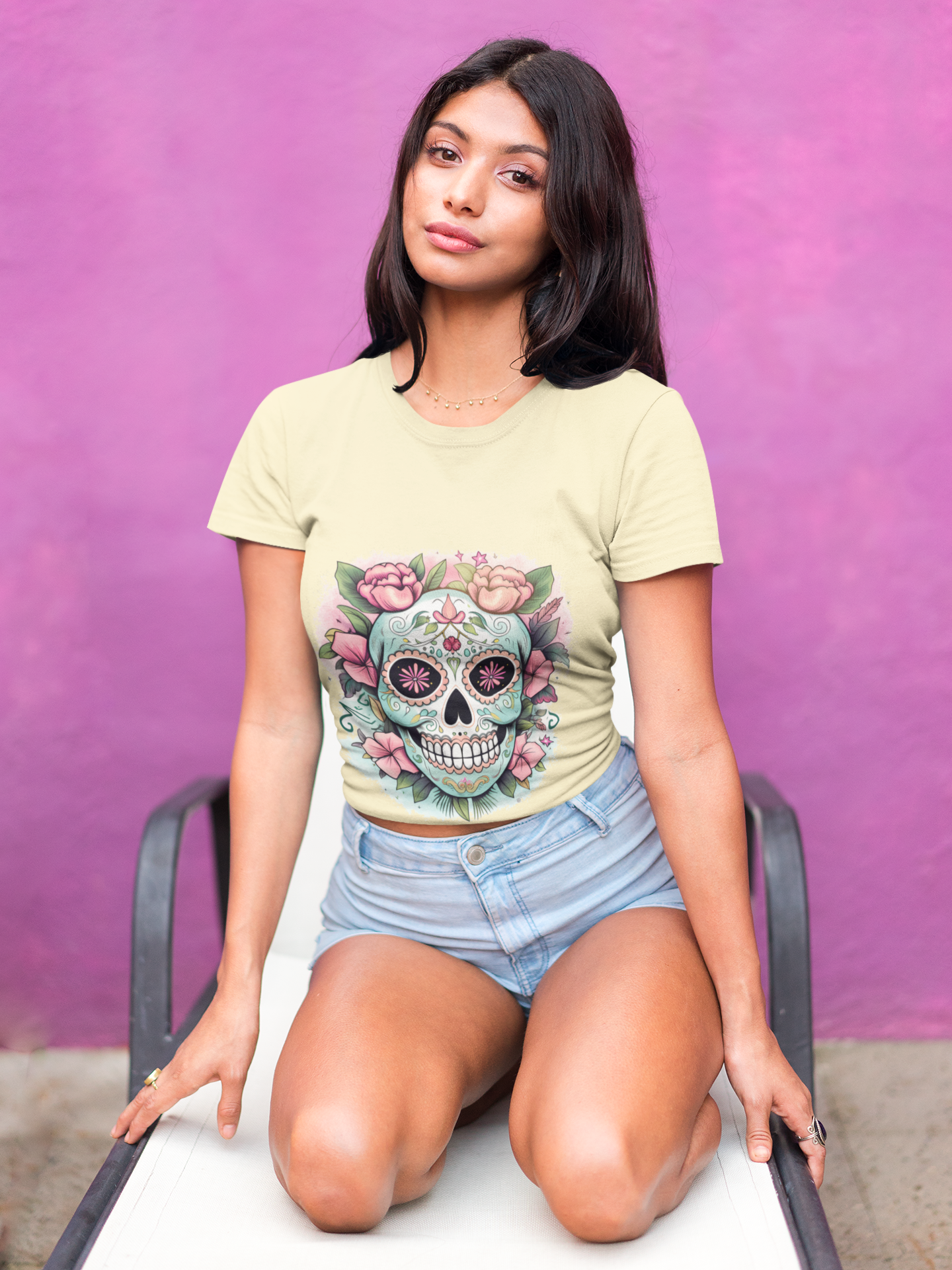 woman wearing Flower Sugar Skull T-Shirts