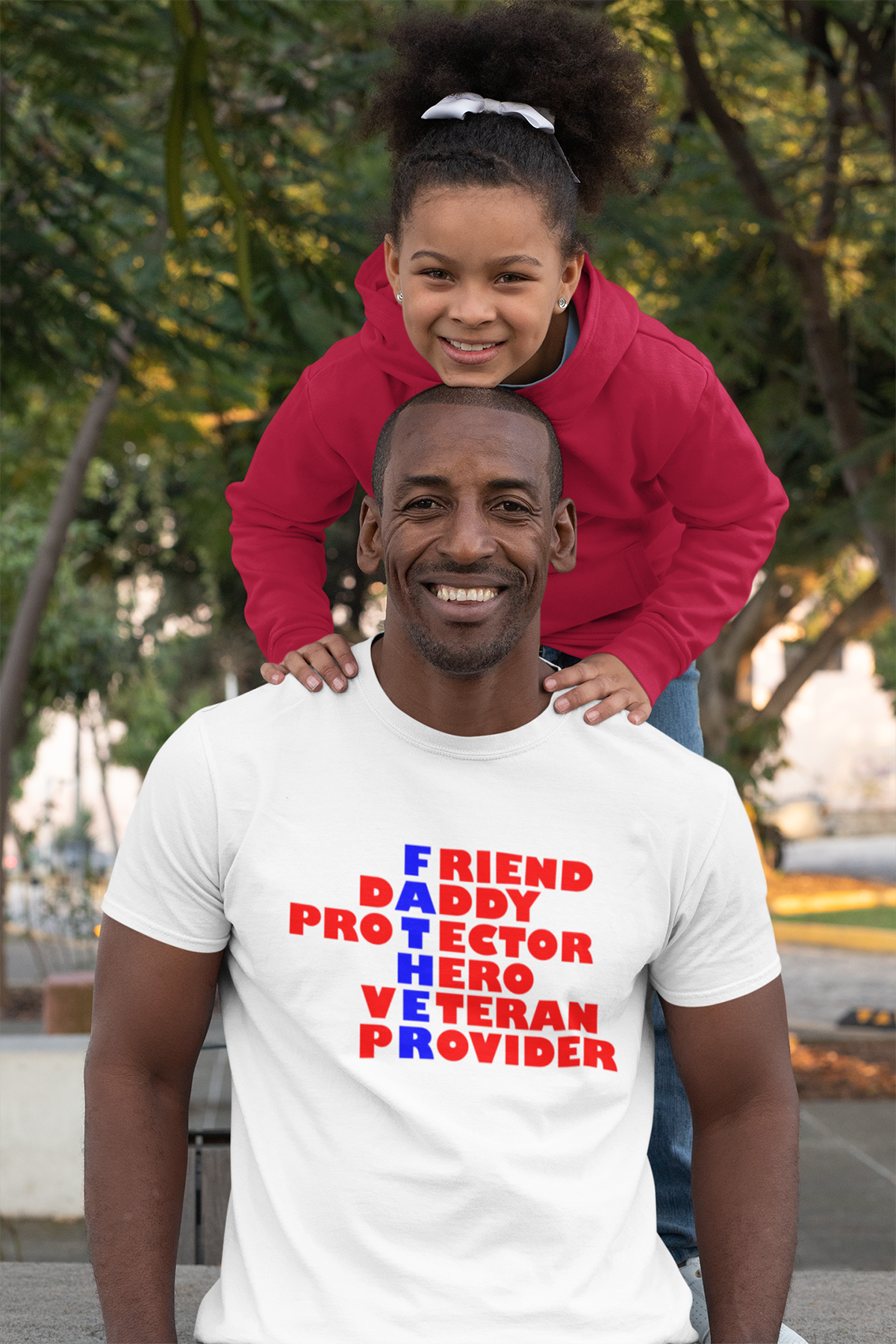 Man wearing white shirt with father veteran graphic design