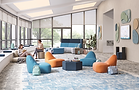 Modern collaborative lounge featuring colorful modular soft seating, acoustic furniture, and comfortable breakout spaces in a bright, open-concept office environment.