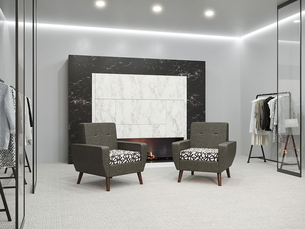 Flexxform's Jaz single seat in front of a fireplace.