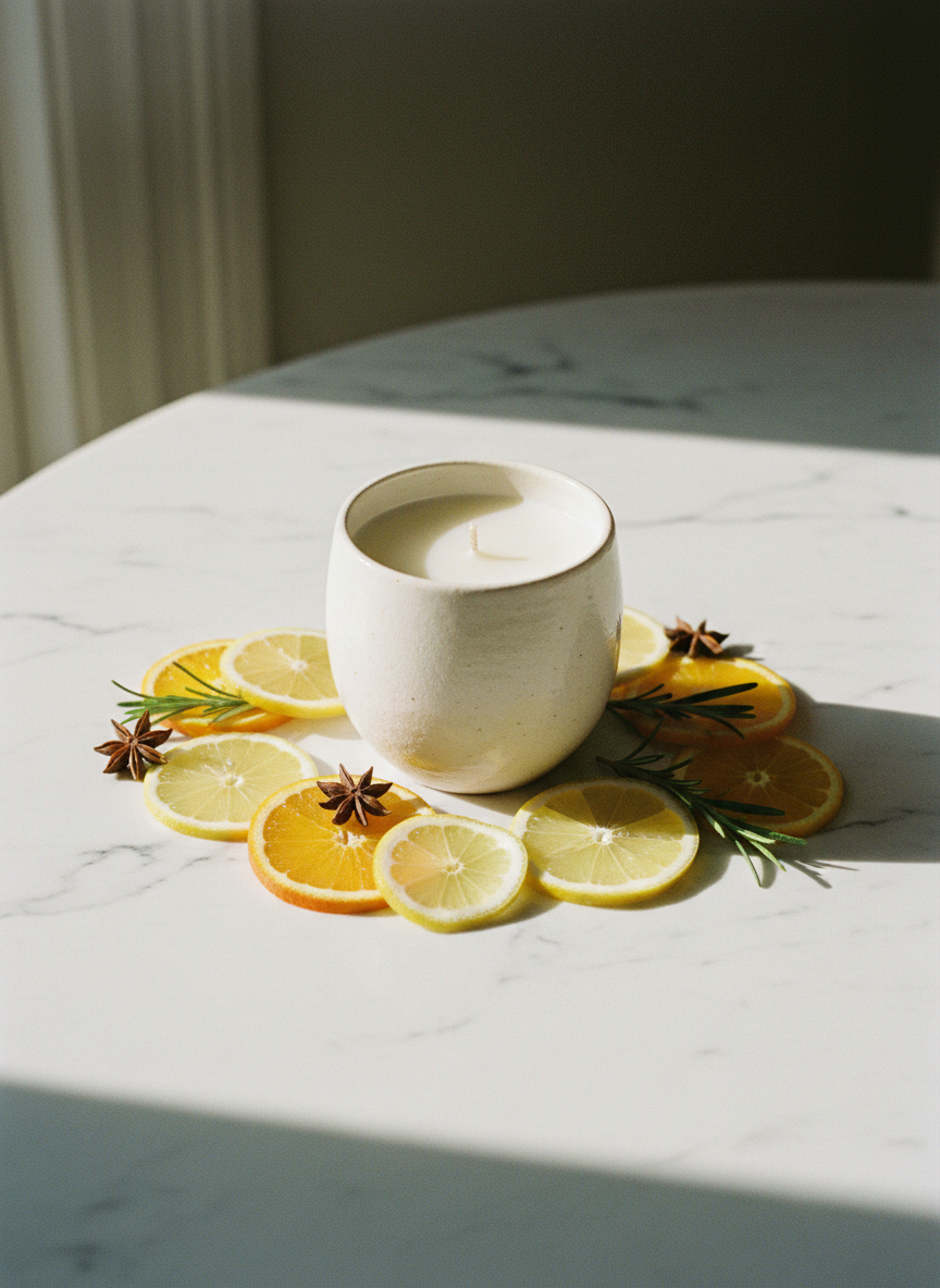 White mug with latte surrounded by citrus and star anise.