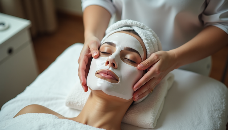 High angle view of a skincare professional applying a soothing mask after collagen boosting treatment