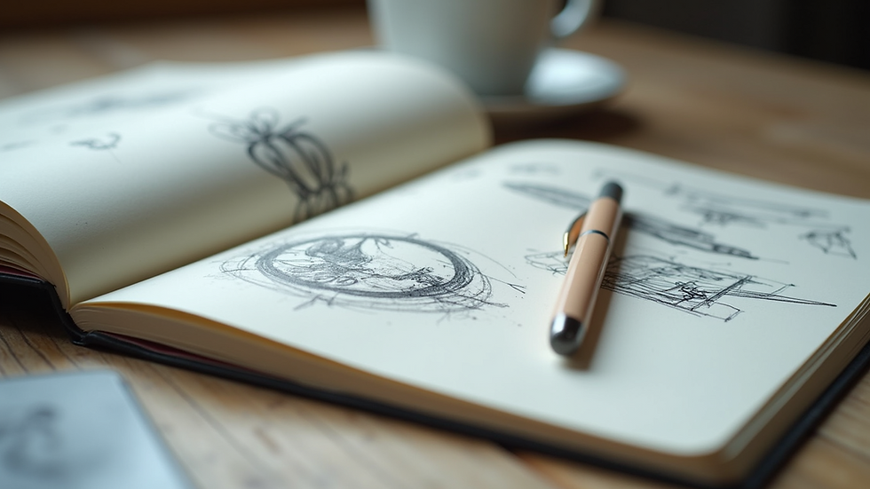 Close-up view of an open notebook with sketches and designs