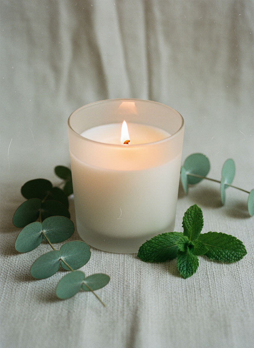 Lit white candle in a glass jar with eucalyptus and mint