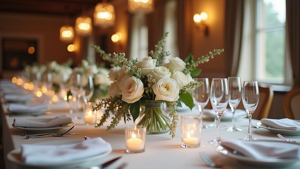 Eye-level view of beautifully arranged wedding reception table with floral centerpieces