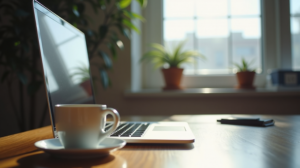 Eye-level view of a modern office workspace with a laptop and coffee cup