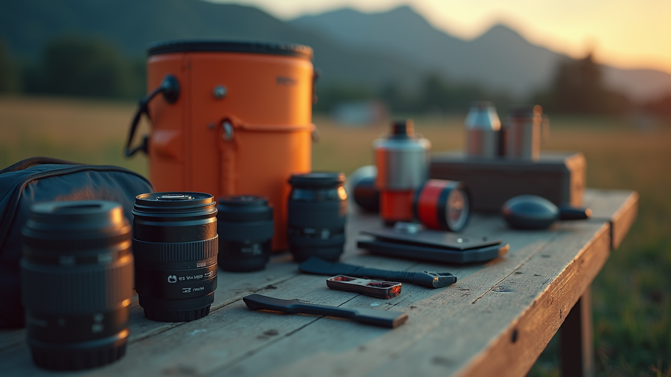 Close-up view of camping gear laid out on a table