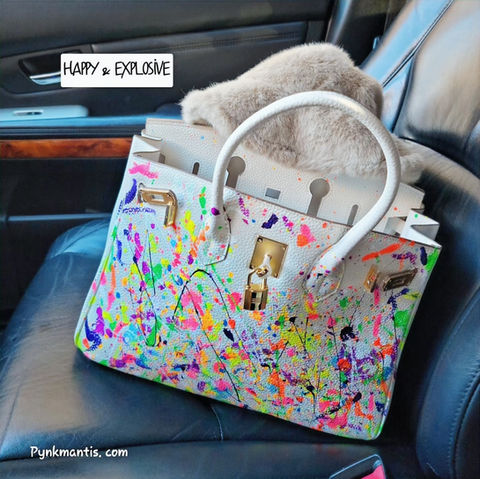 White/ cream neon colors. Birkin look genuine leather top handle handbag. By Pynkmantis.