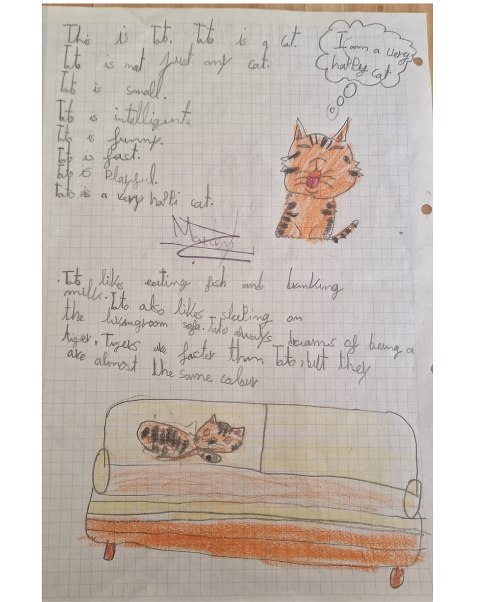 Maialen's fantastic writing and drawing.  We are very proud of you.