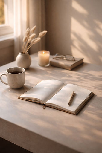Tavolo neutro con tazza e quaderno alla luce naturale, immagine editoriale per un articolo sul cronotipo