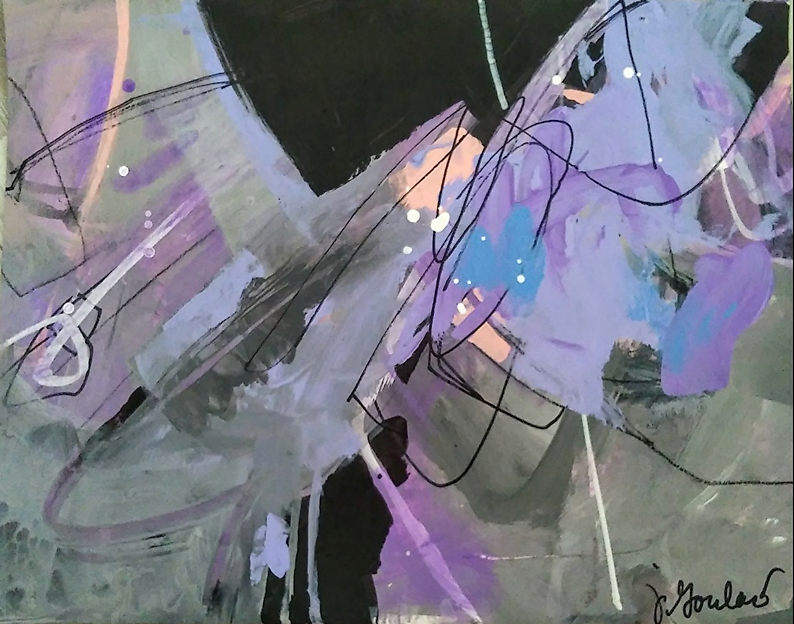 This abstract painting has a dark background with large splotches of lavender and mossy green. Lines and small splashes of color create interesting patterns.