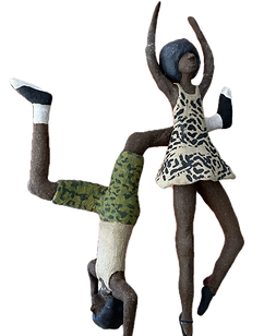 Tyler Ward's charming ceramic sculpture depicts a girl posing as a ballerina on her toes with arms overhead and a boy doing a cartwheel.