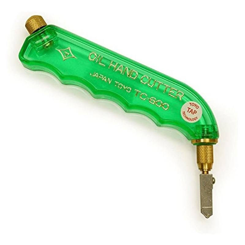 A green hand held glass cutting tool is on a white background.