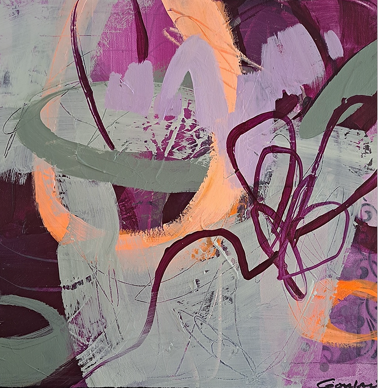 Raspberry, coral, and mossy green abstract painting.