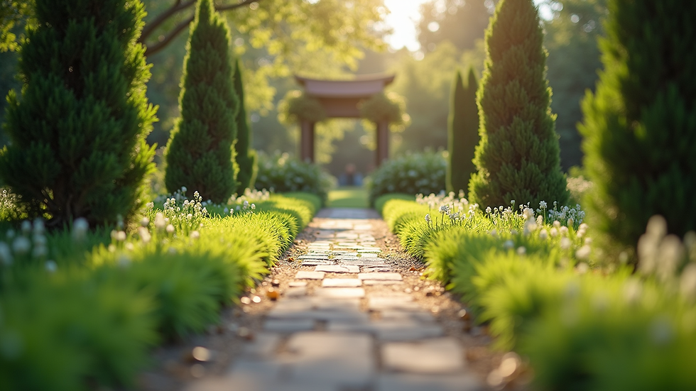Eye-level view of a serene garden with a well-maintained pathway