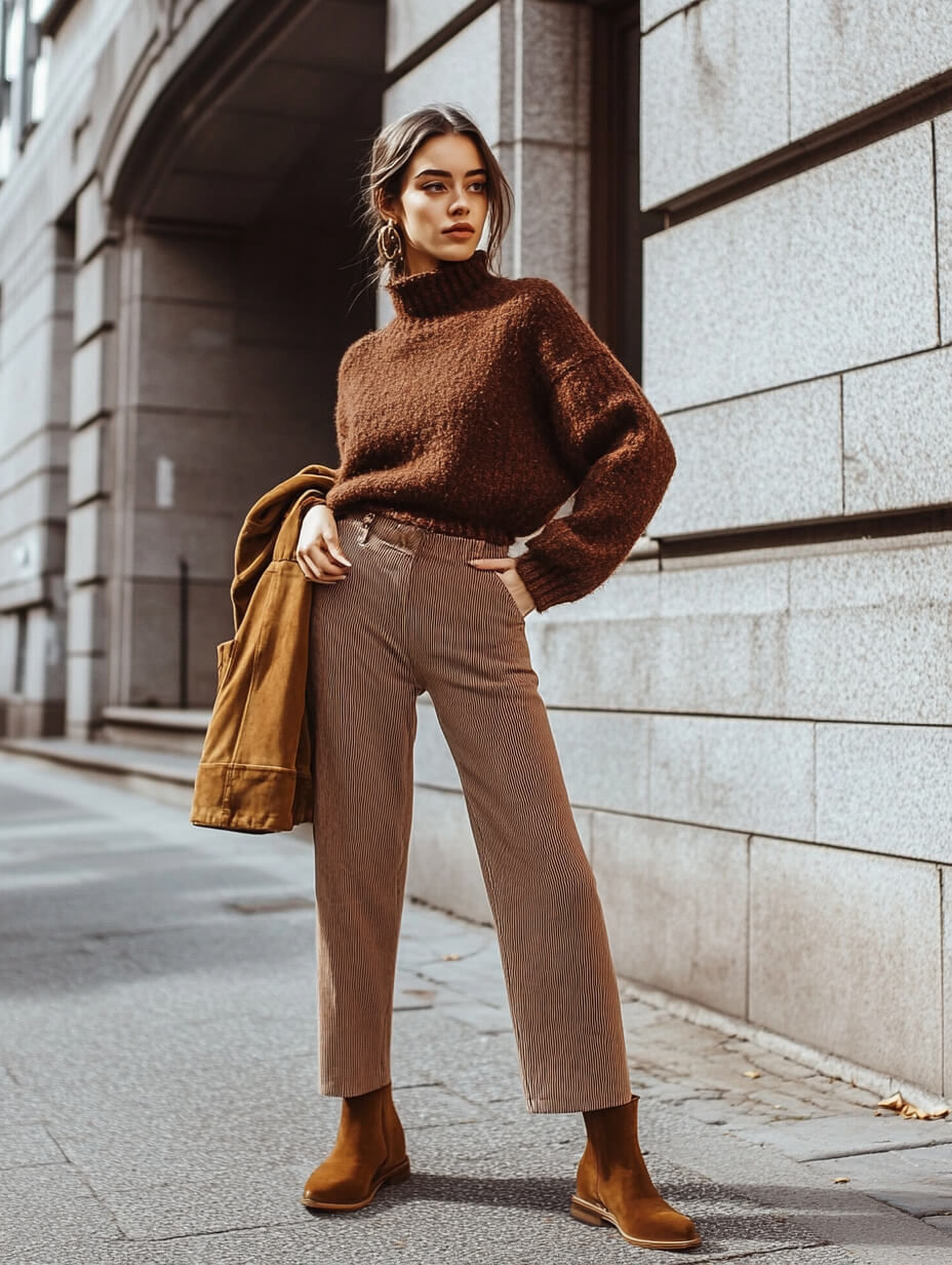 Mulher com look monocromático andando na rua