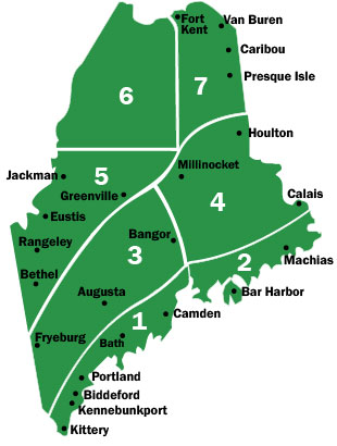 Map showing peak foliage regions in Maine, including Western, Central, and Southern areas.