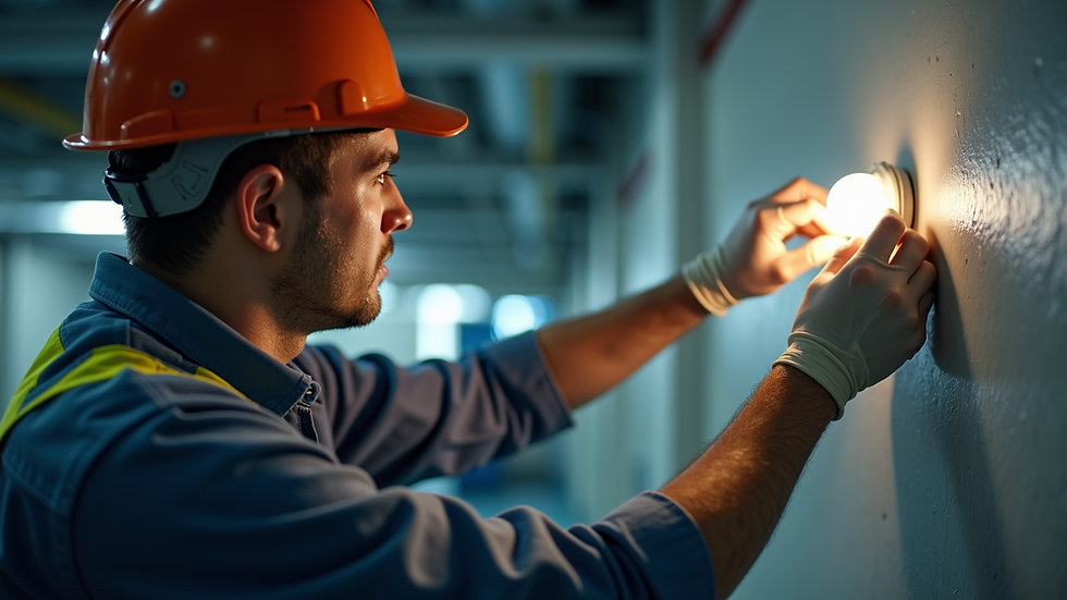 Close-up view of an electrician fixing a commercial light fixture