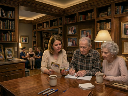 A panoramic, realistic photo of an adult daughter and her elderly parents sitting together in a warm, wood-paneled library within an assisted living community. They are gathered around a large wooden desk, focused on a brochure titled "Wellness & Care Literature," having a calm and serious discussion about care options. The room features floor-to-ceiling bookshelves, framed family portraits on the walls, and a large window showing a peaceful garden walkway outside. In a softly blurred background area, a caregiver is seen providing attentive support to another resident, highlighting the community's professional care environment.