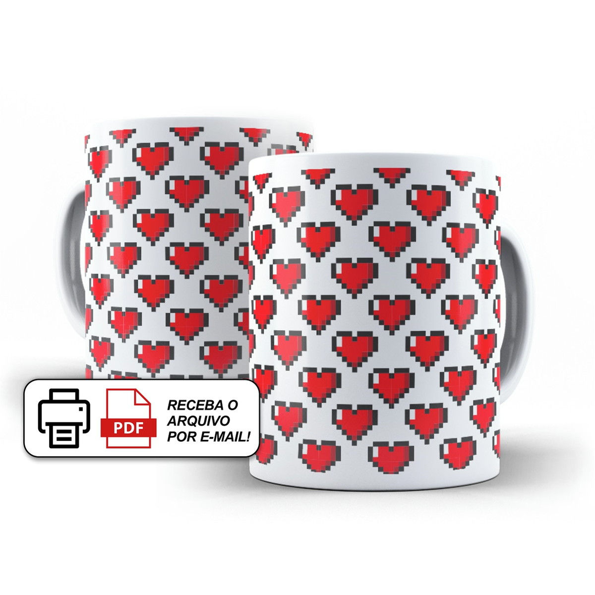 Arte para caneca com corações vermelhos em estilo pixelado 8 bits, inspirada em games retrô