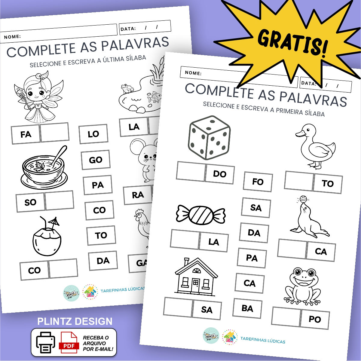 Atividade de sílabas iniciais e finais para imprimir. Duas folhas educativas grátis em PDF, com imagens para colorir.
