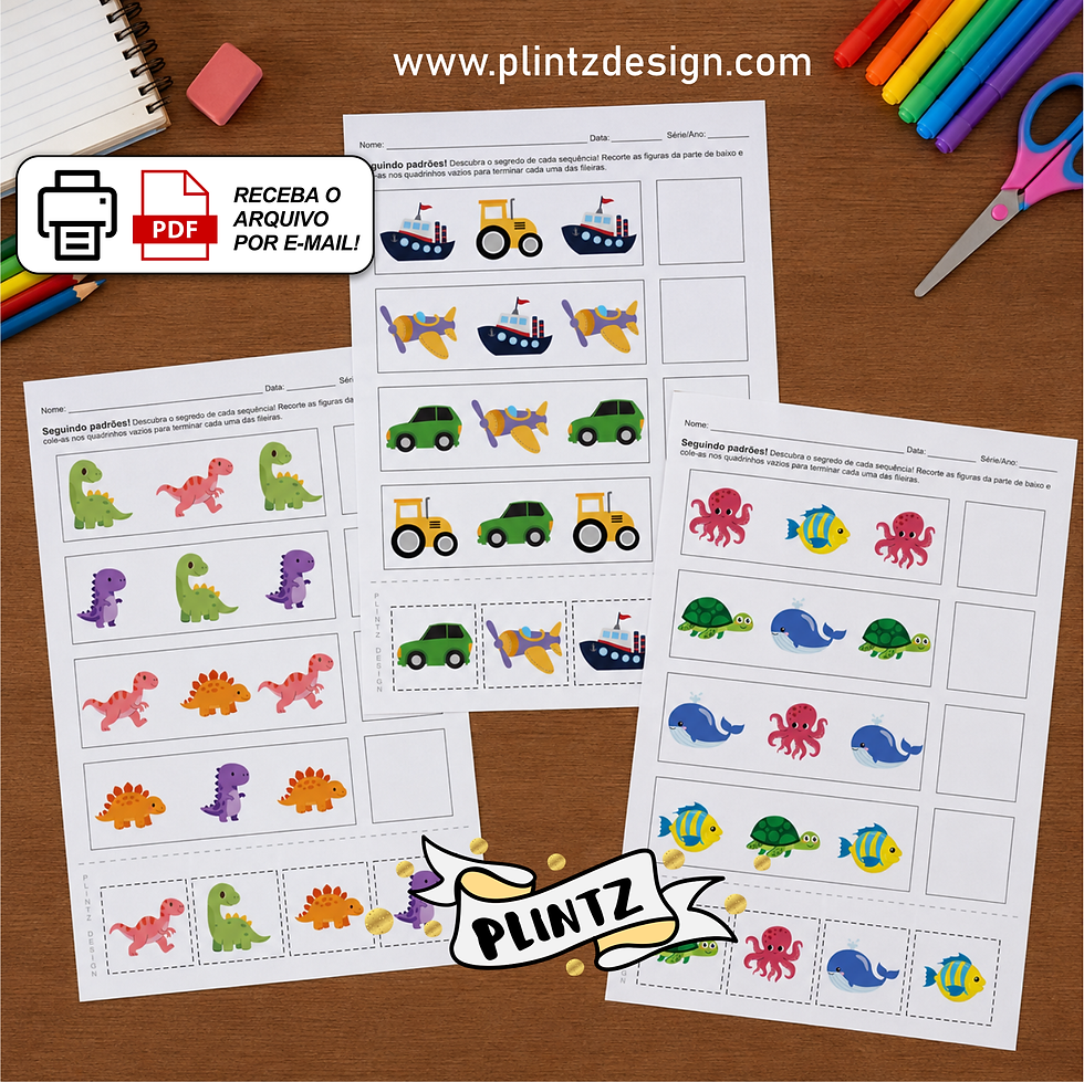 Miniatura: Atividade educativa de sequência lógica para educação infantil com figuras coloridas para recortar e completar o padrão