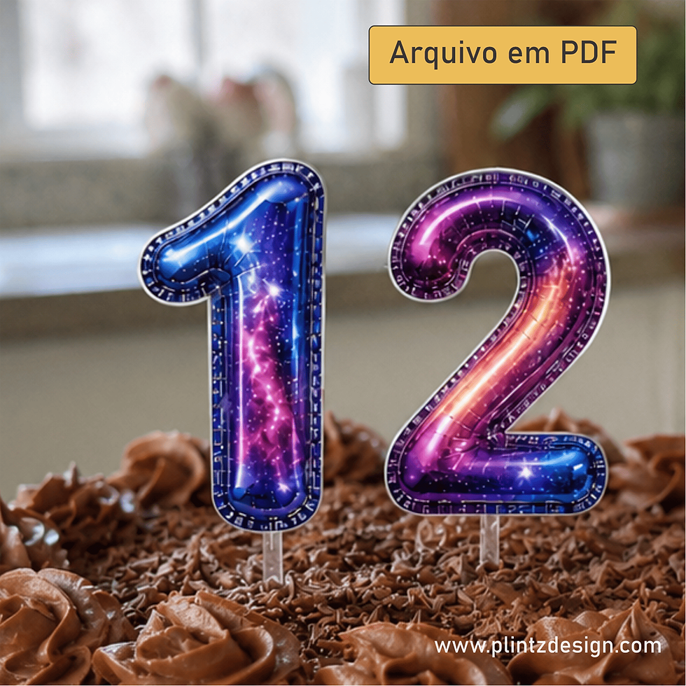 Miniatura: Topo de Bolo Balão Metalizado Galáxia Números 0 a 9 Efeito 3D (Arquivo PDF)