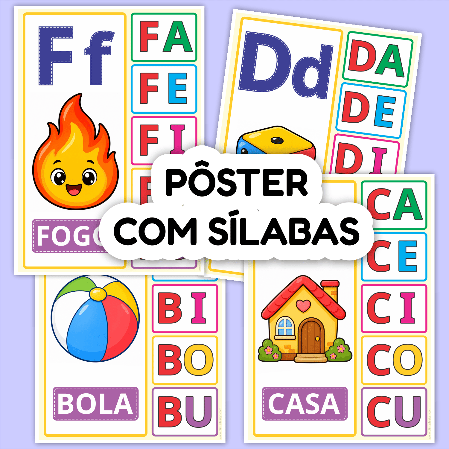 Kit Silabário Simples Ilustrado - 21 Posteres Educativos A4 + Vogais de Brinde