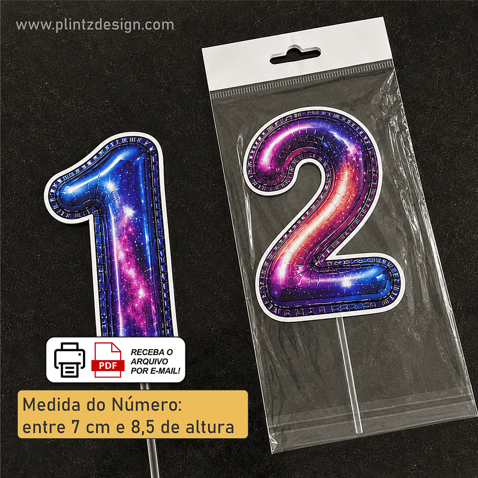 Miniatura: Topo de Bolo Balão Metalizado Galáxia Números 0 a 9 Efeito 3D (Arquivo PDF)