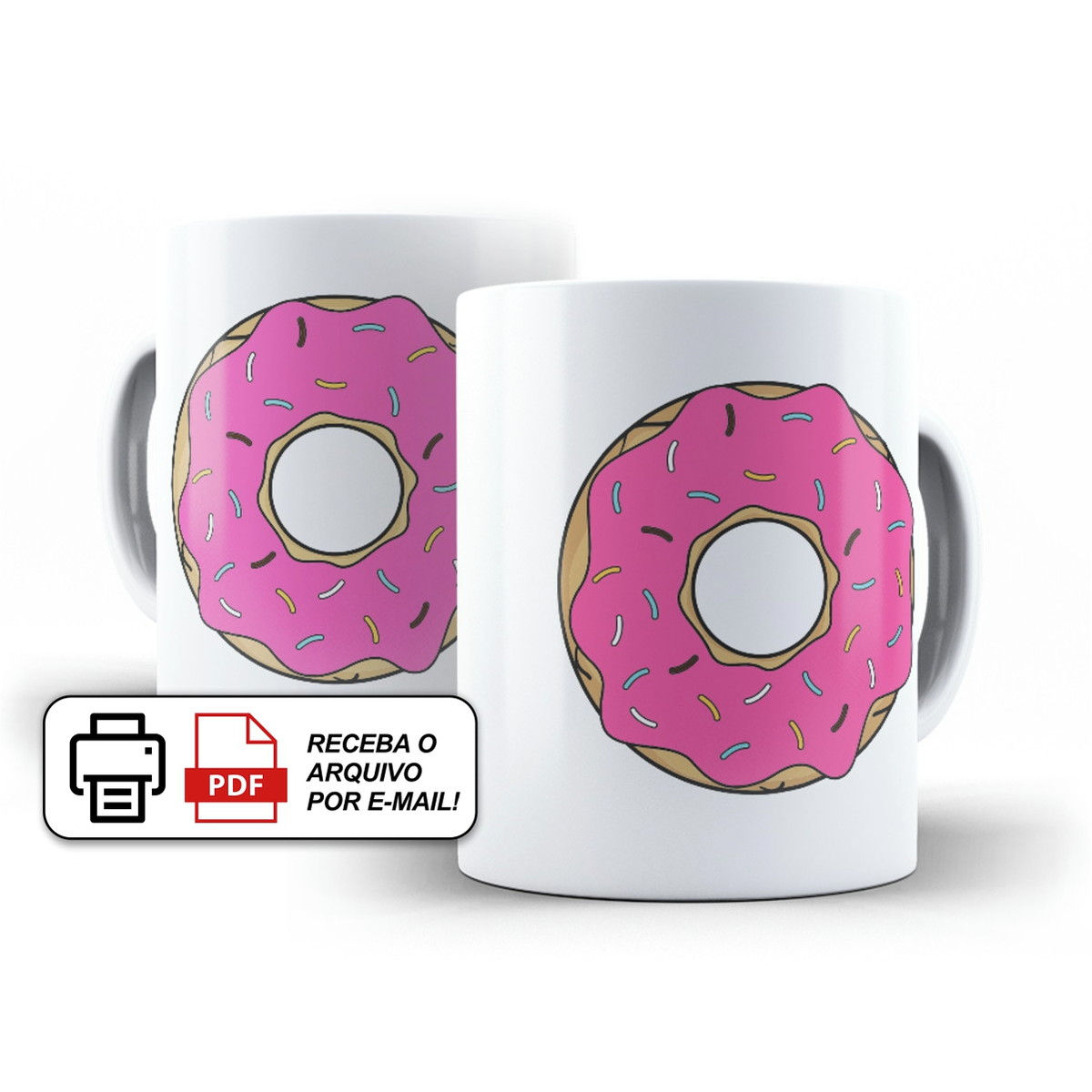 Arte para caneca com donut rosa e confeitos coloridos, estilo Simpsons divertido.