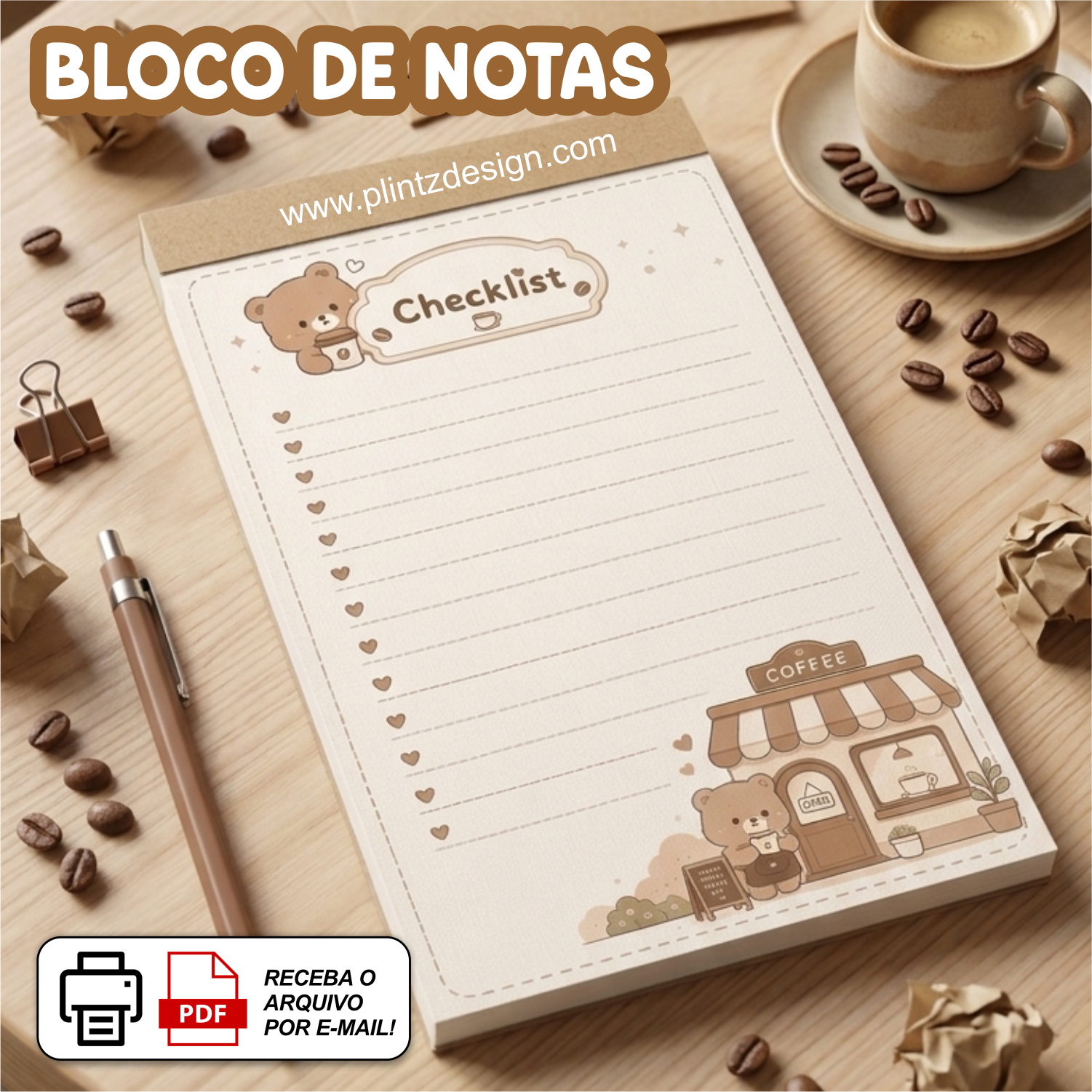 Bloco de Notas do Ursinho na Cafeteria (rústico e fofo) - PDF para Imprimir