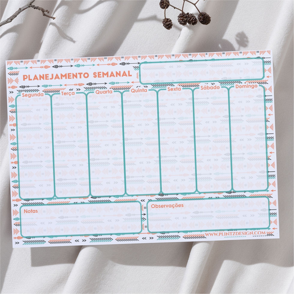 Planner semanal boho em tons de verde e laranja em formato A4, com espaço para anotações e observações, disponível em PDF