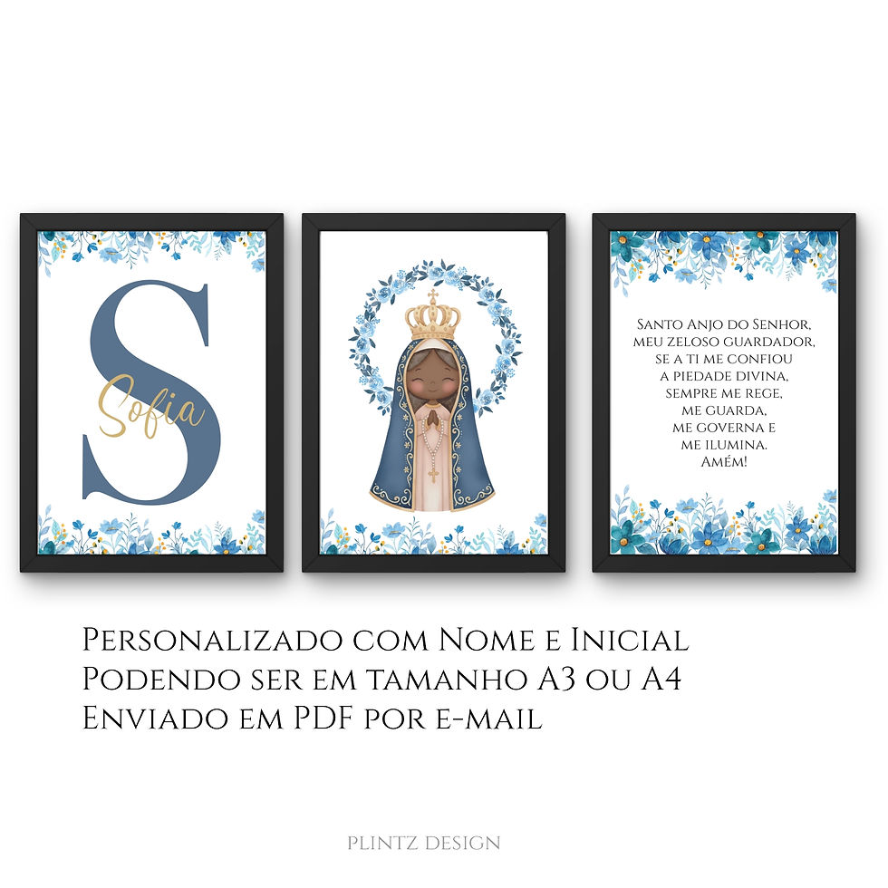 Kit trio de pôsteres personalizados infantil com floral azul, Nossa Senhora Aparecida e oração Santo Anjo, disponível em A3