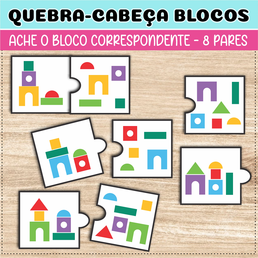 Miniatura: Cartões do 'Quebra-Cabeça Blocos de Encaixe em PDF', com blocos montados e blocos espalhados para jogar.