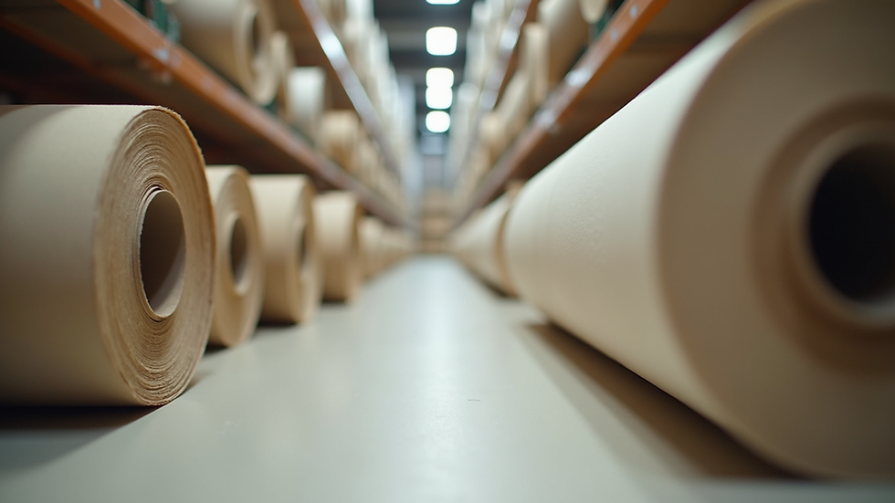 Eye-level view of eco-friendly fabric rolls in a textile store