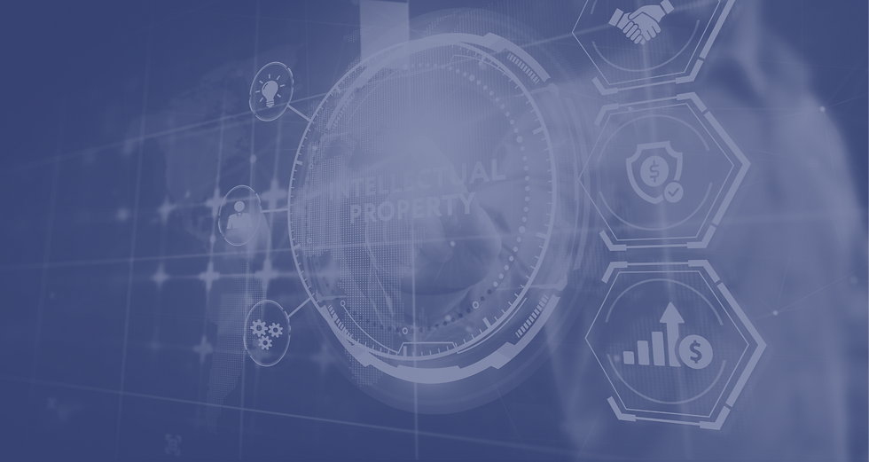 man in business suit pressing virtual screen with words Intellectual Property