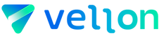 Logotipo Vellon Telecom com letras azuis e ciano em fundo preto.