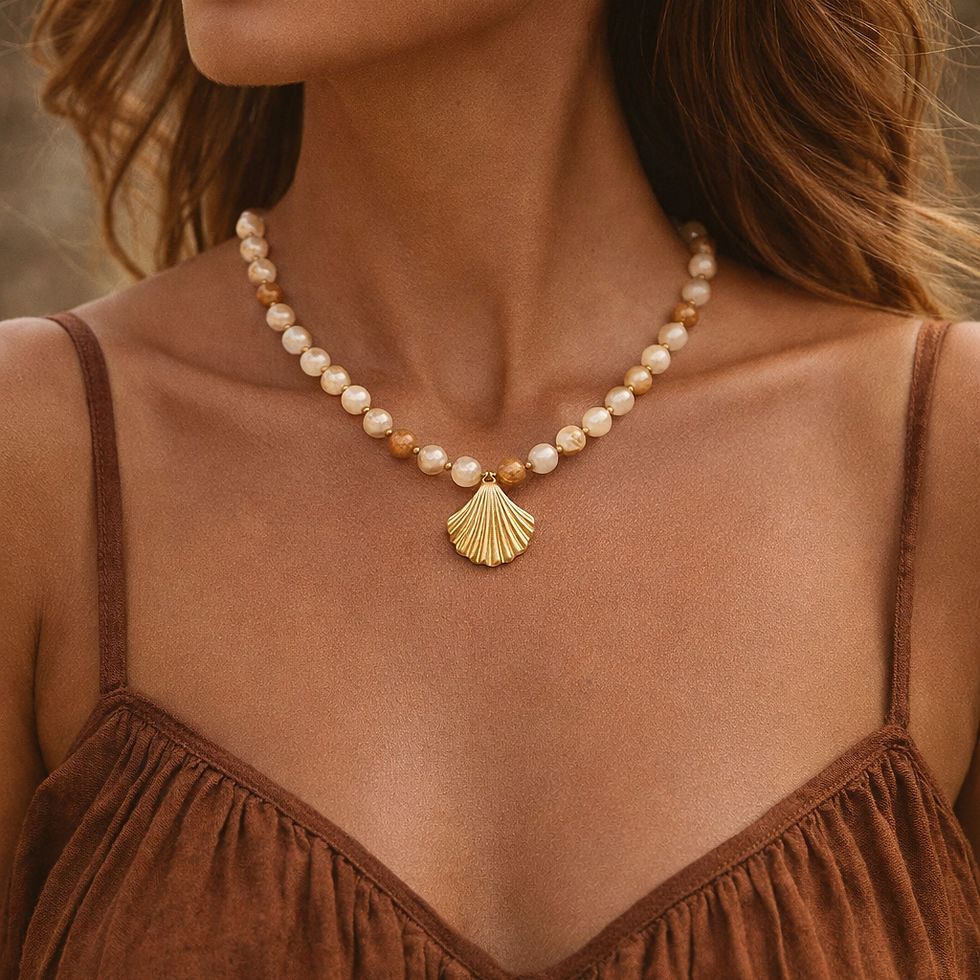 Modelo usando collar conchita de ágatas naturales en tonos blanco y ámbar con dije bañado en oro.