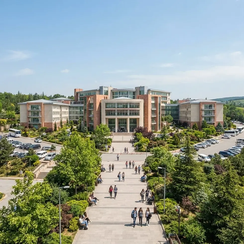 Aerial photography of a modern university campus with a grand central building. Students are seen walking along a wide, tree-lined pathway under a clear blue sky.