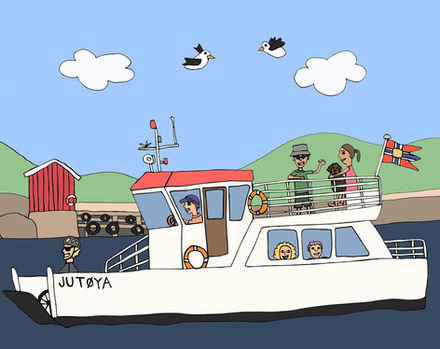 Hvit ferge med mennesker på, i et landlig landskap.