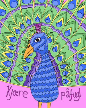 Påfugl med blå, grønne, lilla og rosa farger, med teksten "Kjære påfugl".