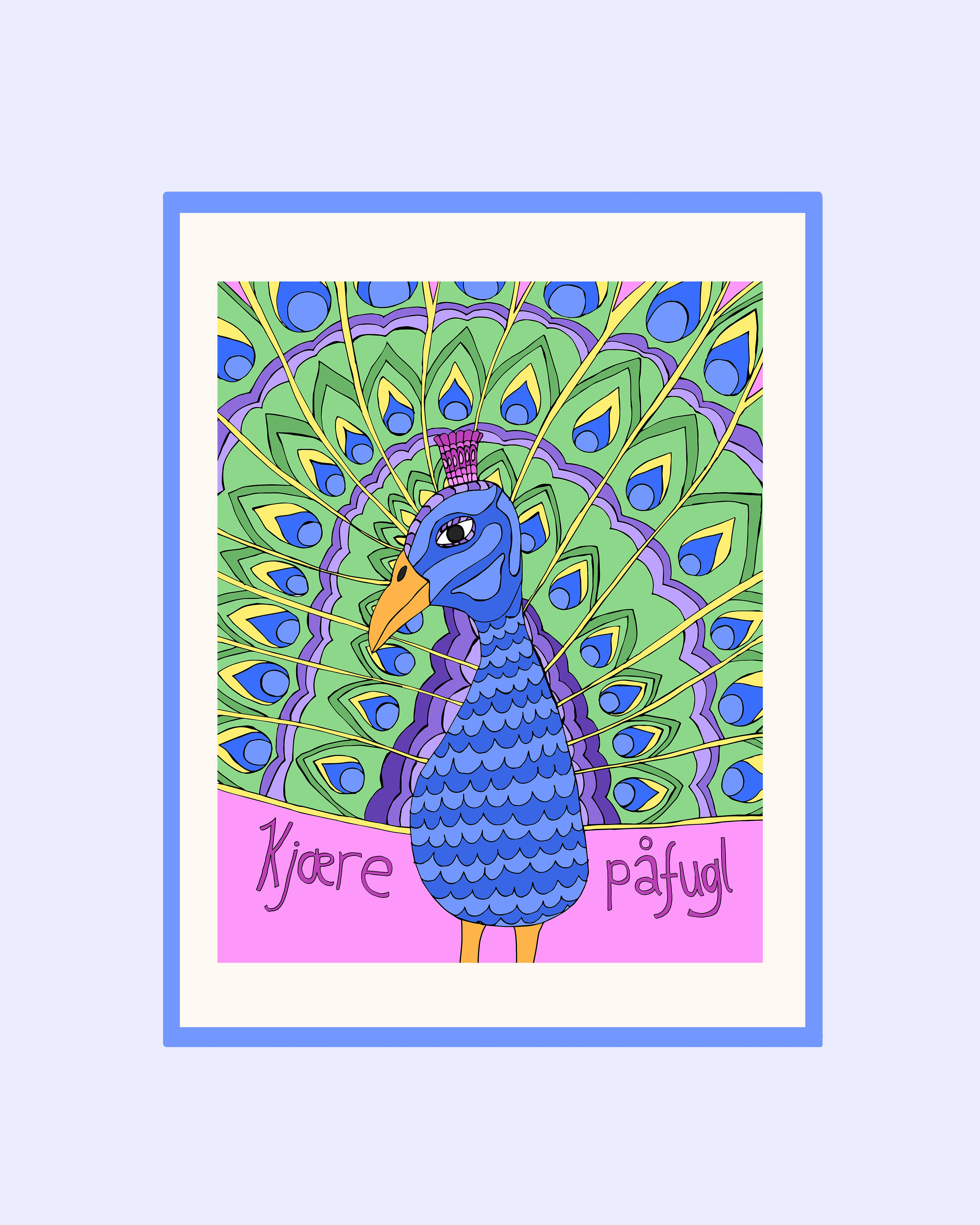 Tegning av en påfugl i fargene rosa, blå,  grønn, gul og lilla.